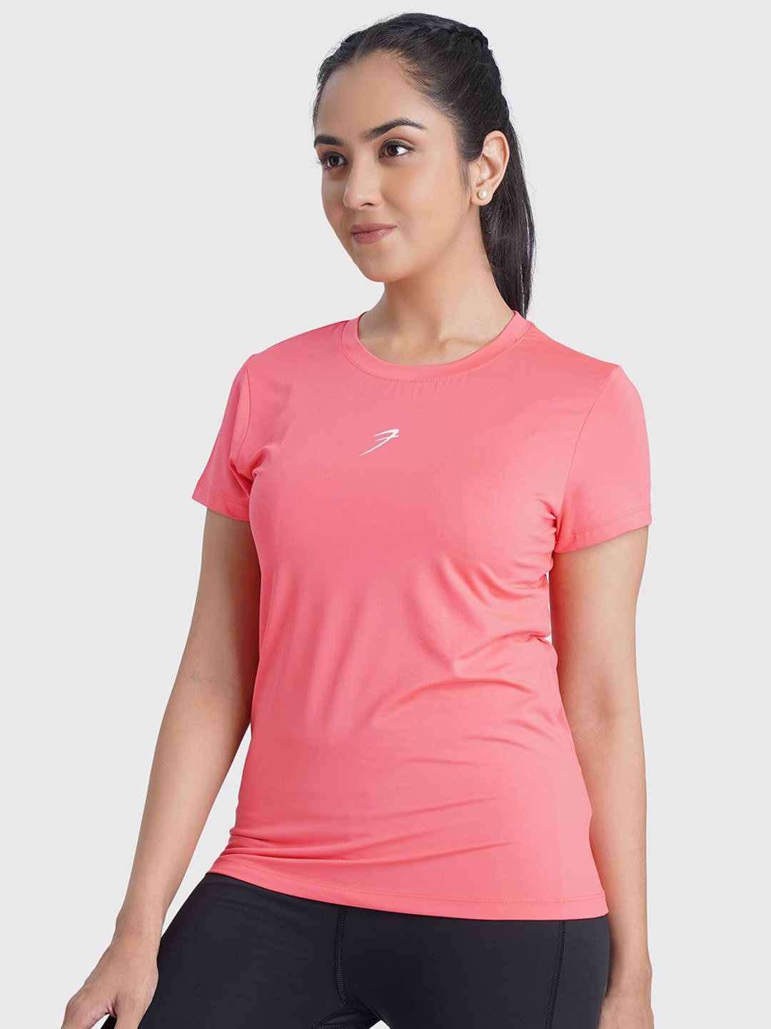 

FUAARK Women Stretchex Solid Round Neck Slim Fit T-shirt, Peach