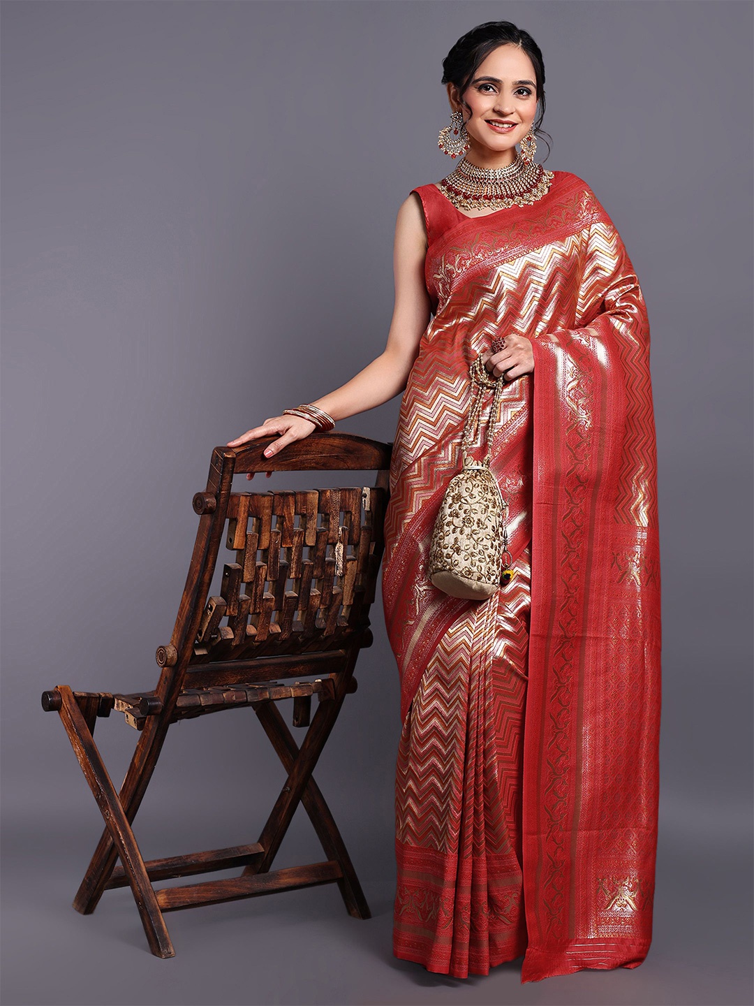 

SWAMI STUDIO Geometric Woven Design Zari Pure Cotton Kanjeevaram Saree, Red