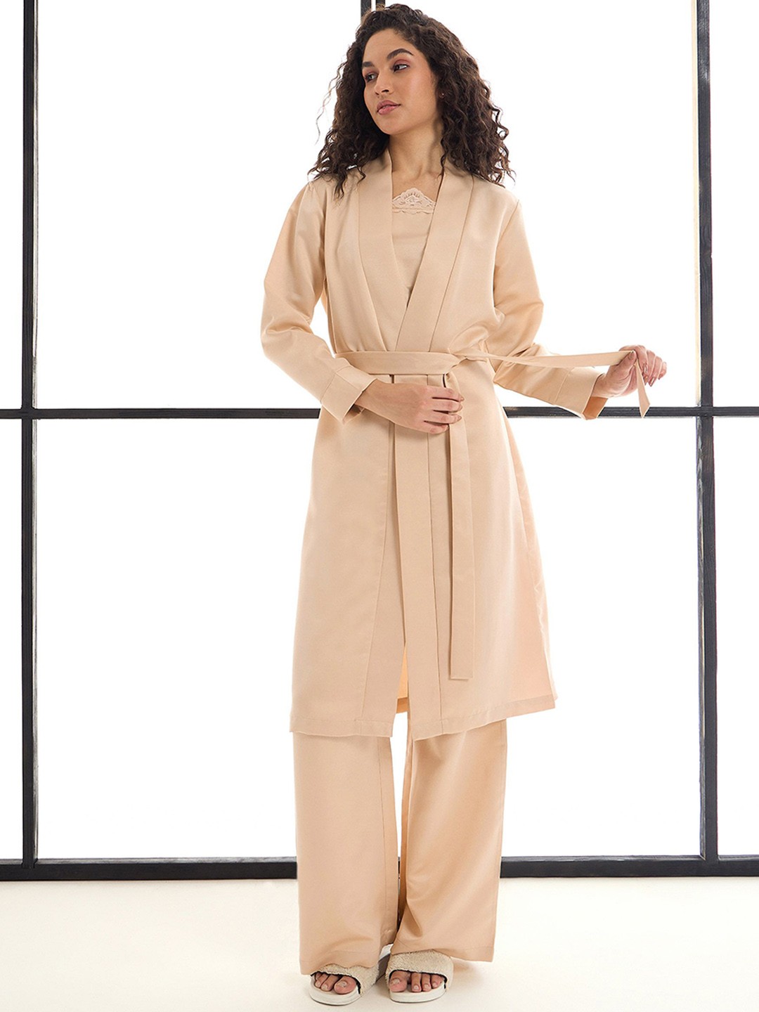 

SASSAFRAS alt-laze Women Satin Strappy Top With Pants & Shrug, Beige