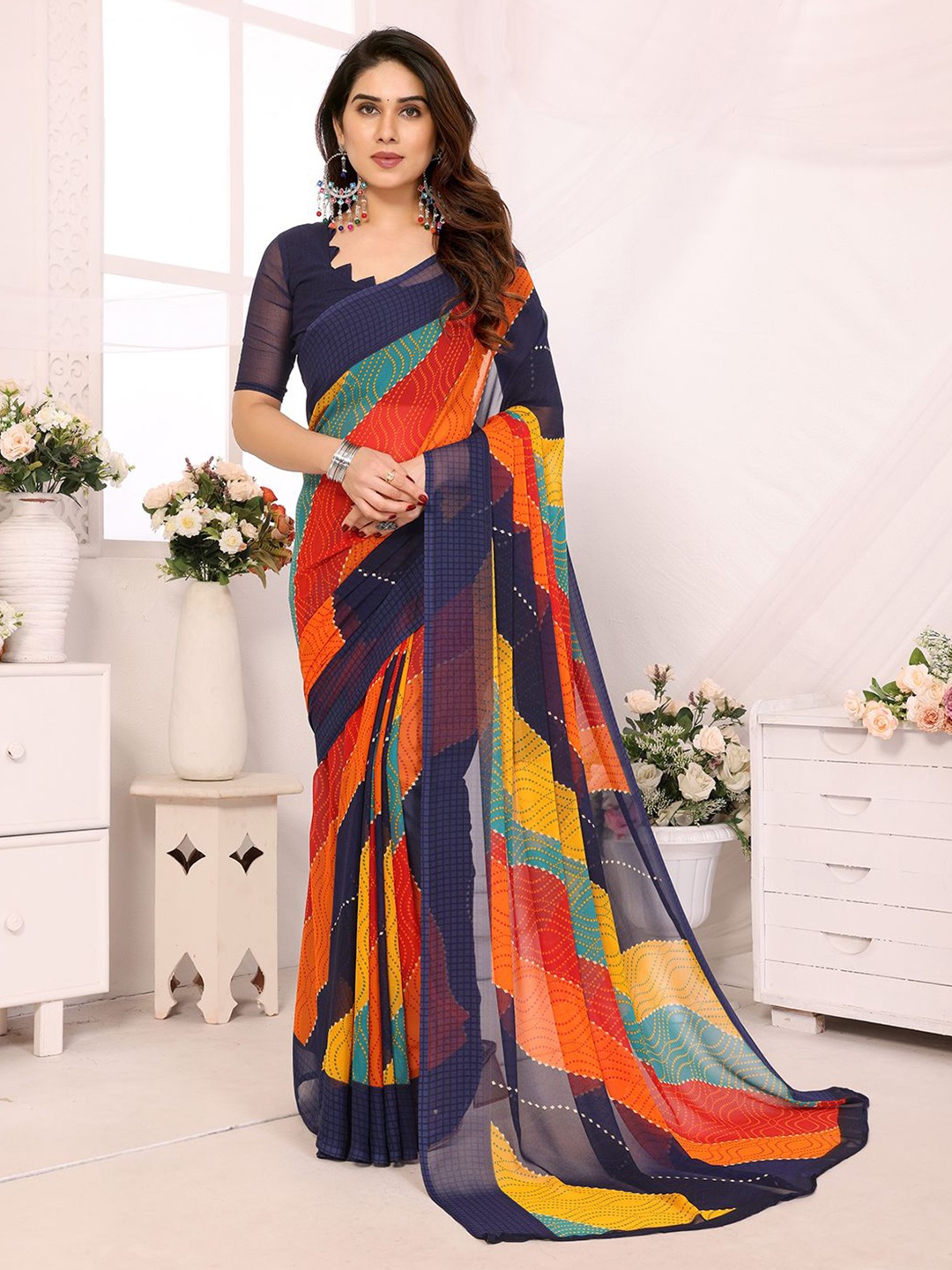 

ANAND SAREES Poly Georgette Geometric Printed Saree, Navy blue