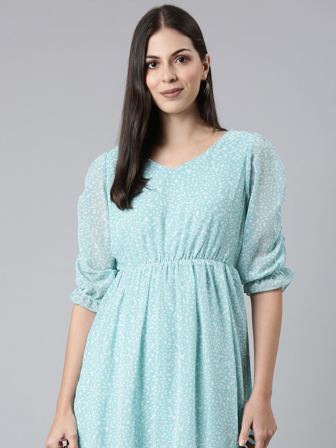 

TWIN BIRDS Women Animal Printed V-neck Cuffed Sleeve Fit & Flare Dress, Blue