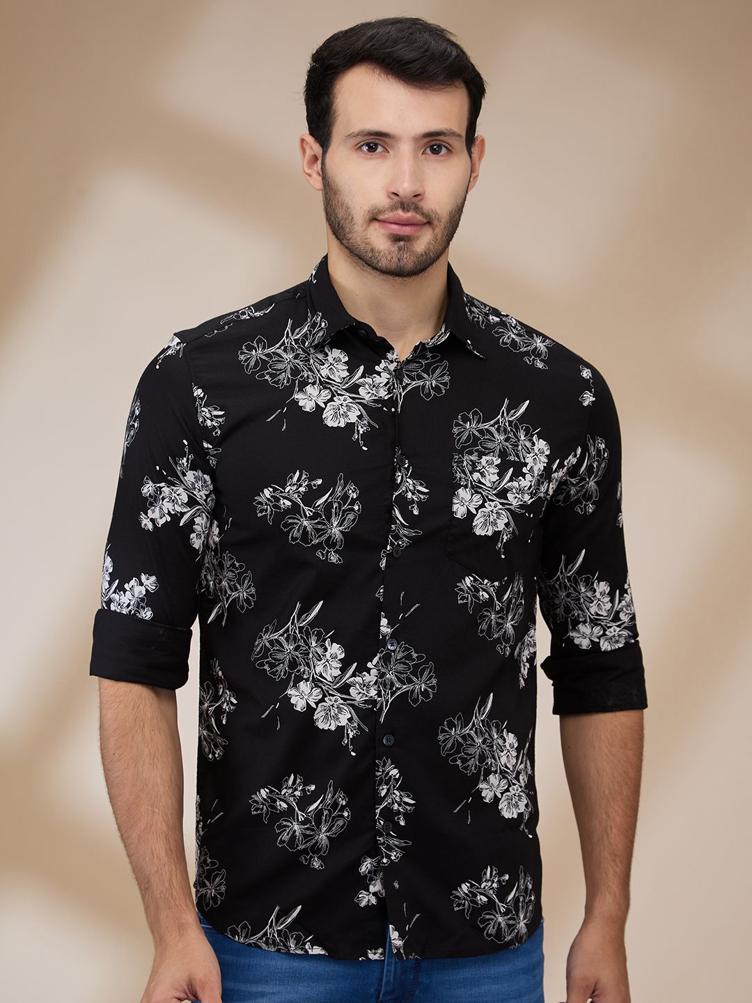 

Parx Men Spread Collar Floral Printed Cotton Slim Fit Casual Shirt, Black