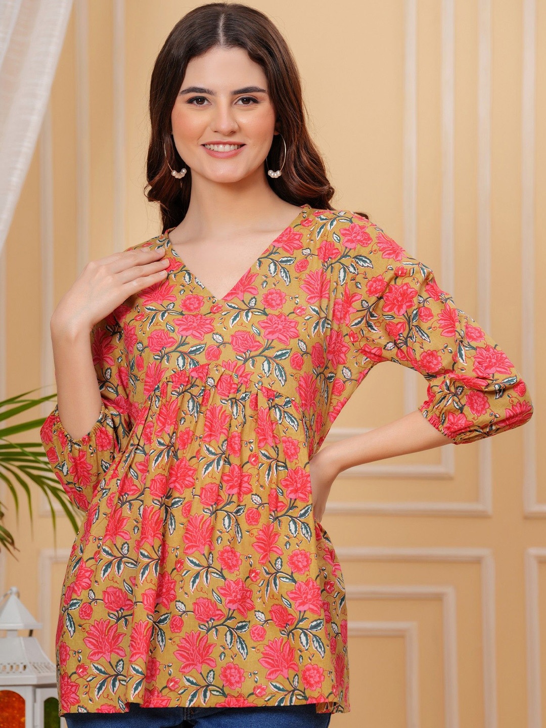 

Royal Marque Women Floral Printed V-Neck Cotton Top, Orange