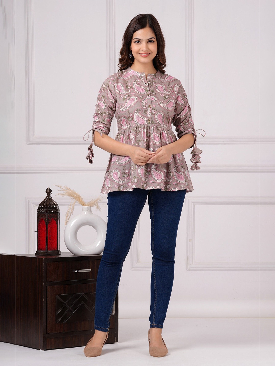 

Royal Marque Women Ethnic Motifs Printed Mandarin Collar Cotton Top, Brown