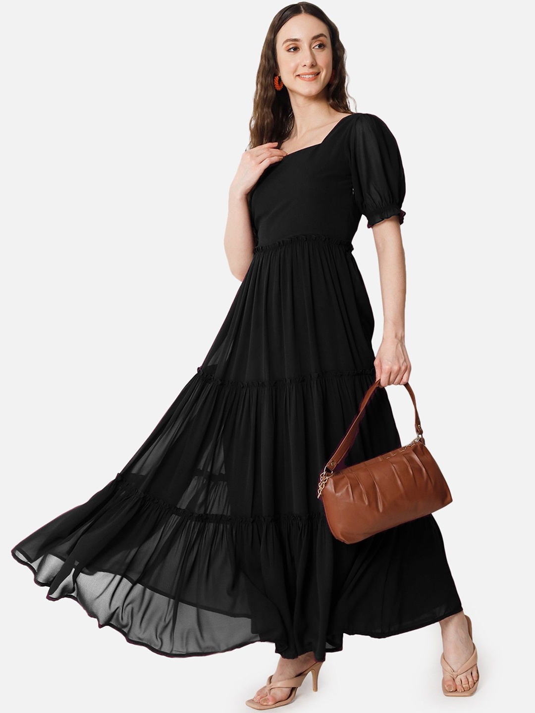 

Vastani Enterprise Women Solid Off-Shoulder Applique Georgette Maxi Dress, Black