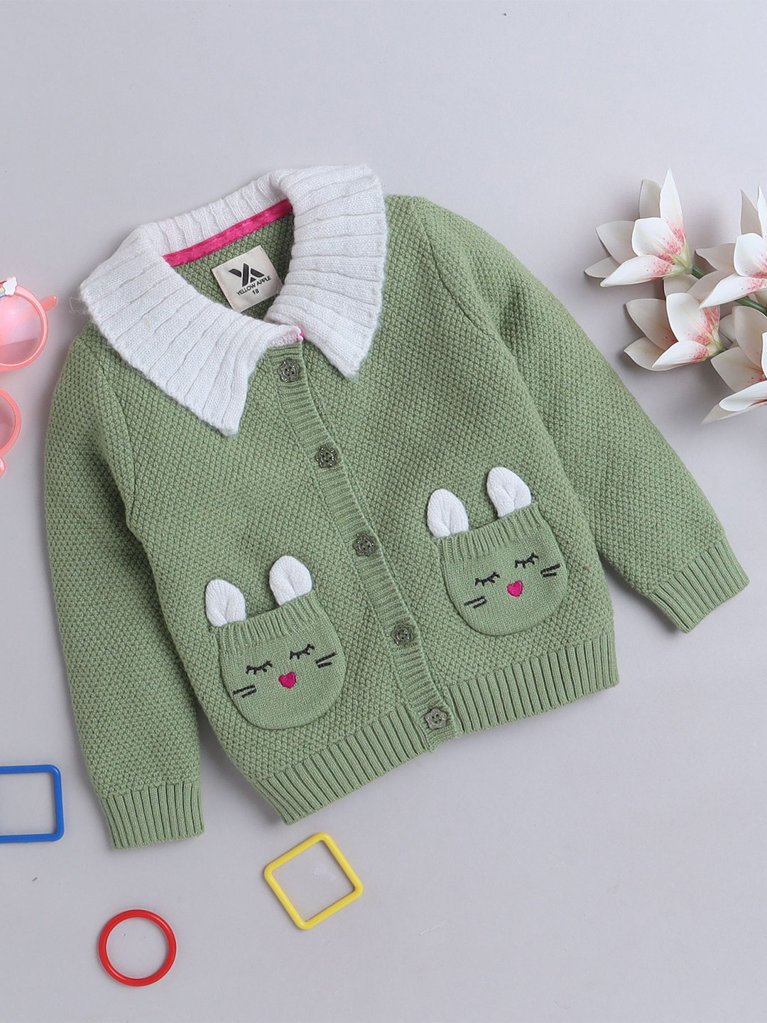 

Yellow Apple Girls Self Long Sleeves Design Cable Knit Woollen Cardigans Sweaters, Green
