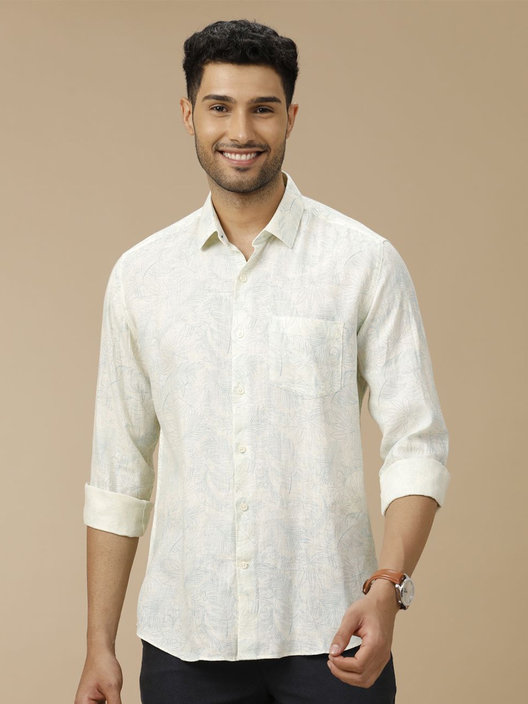 

Linen Club Men Contemporary Slim Fit Opaque Printed Casual Shirt, Off white