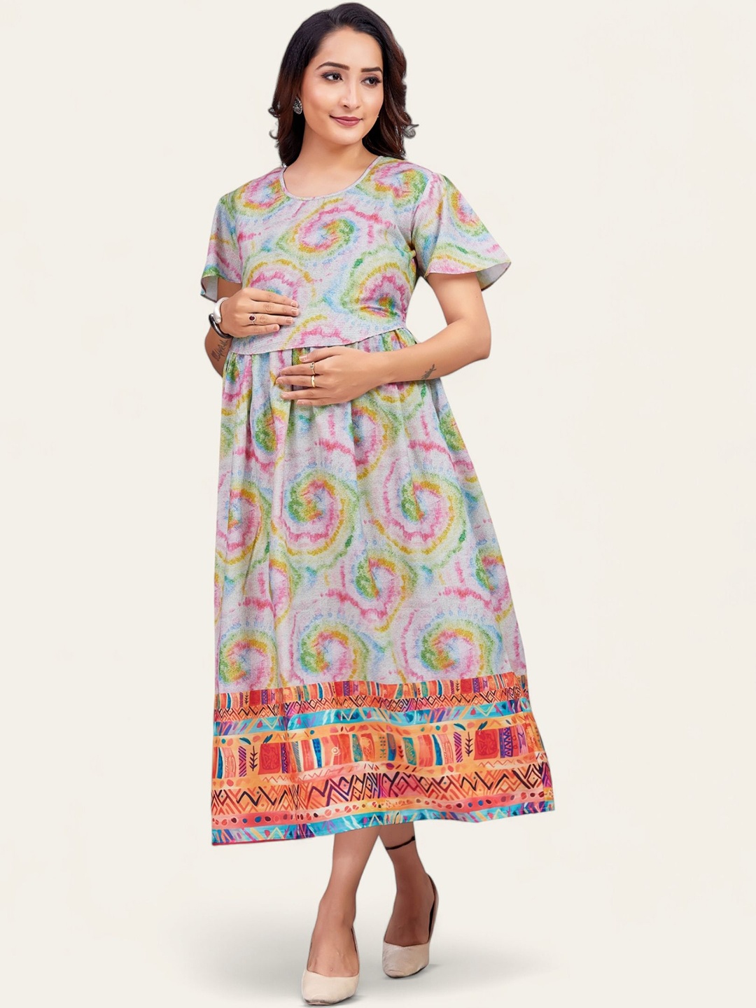 

RITIJYA Women Floral Print Maternity Fit & Flare Maxi Dress, Cream