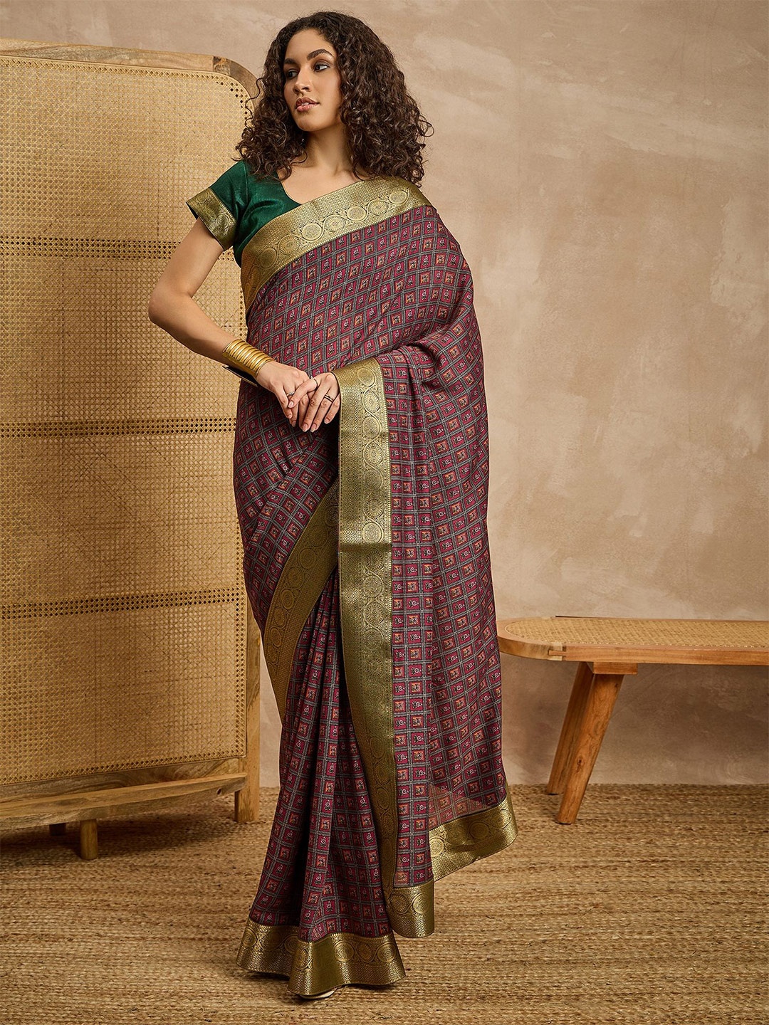 

all about you Geometric Printed Pure Silk Saree, Purple