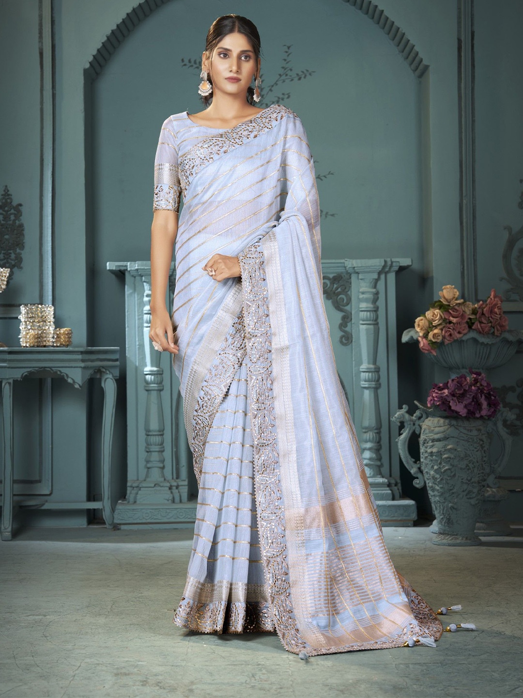 

Panzora Woven Design Embroidered Striped Zari Saree, Blue