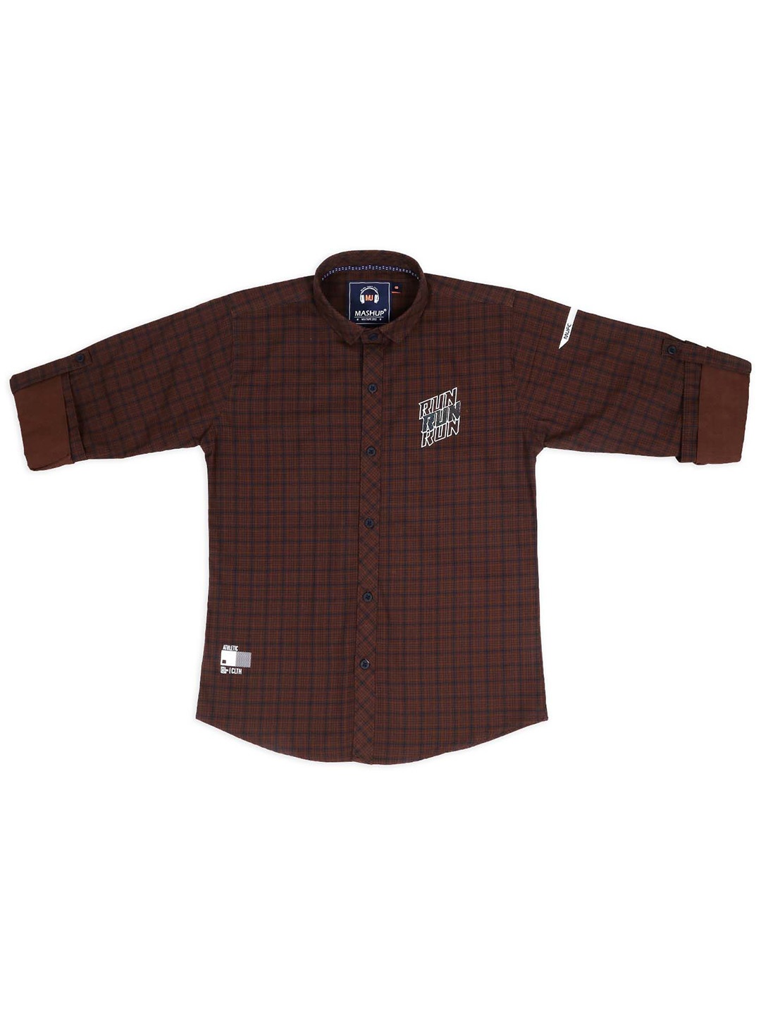 

MashUp Boys Classic Spread Collar Tartan Checked Cotton Casual Shirt, Brown