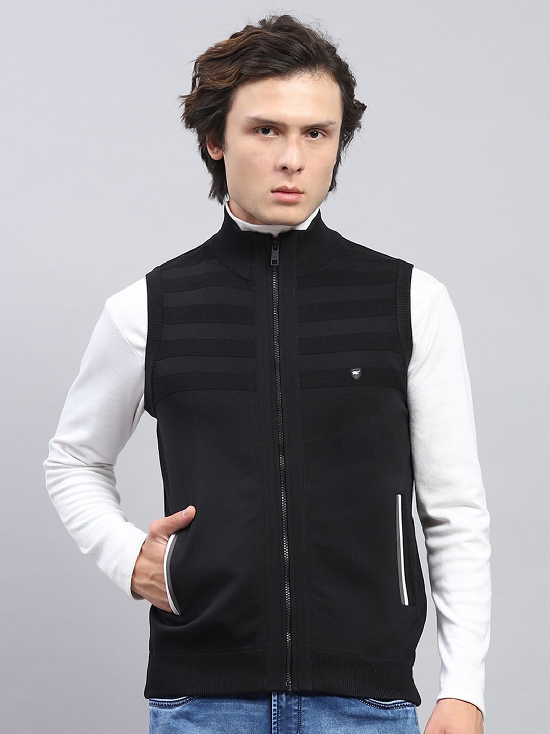 

Monte Carlo Men V Neck Sleeveless Sweater Vest with Zip Detail Detail, Black