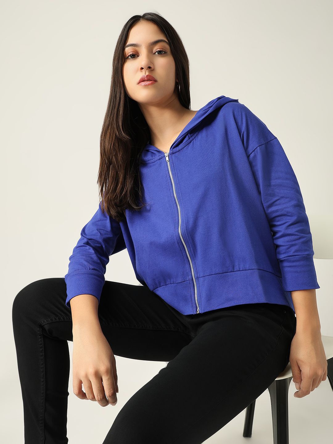 

SHOWOFF Women Solid Hood Cotton Front-Open Sweatshirt, Blue