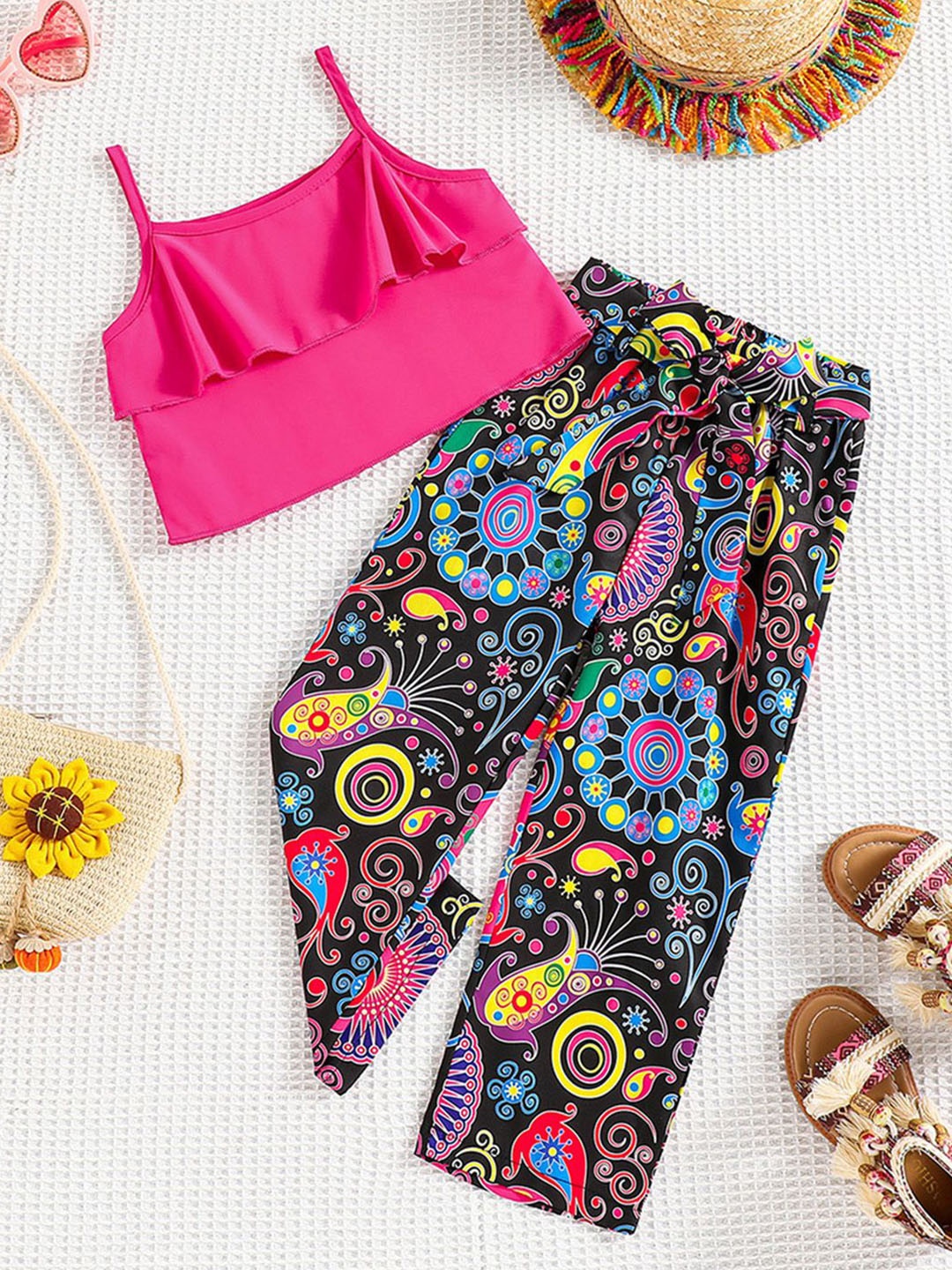 

INCLUD Girls Shoulder Straps Abstract Printed Top with Trouser, Fuchsia