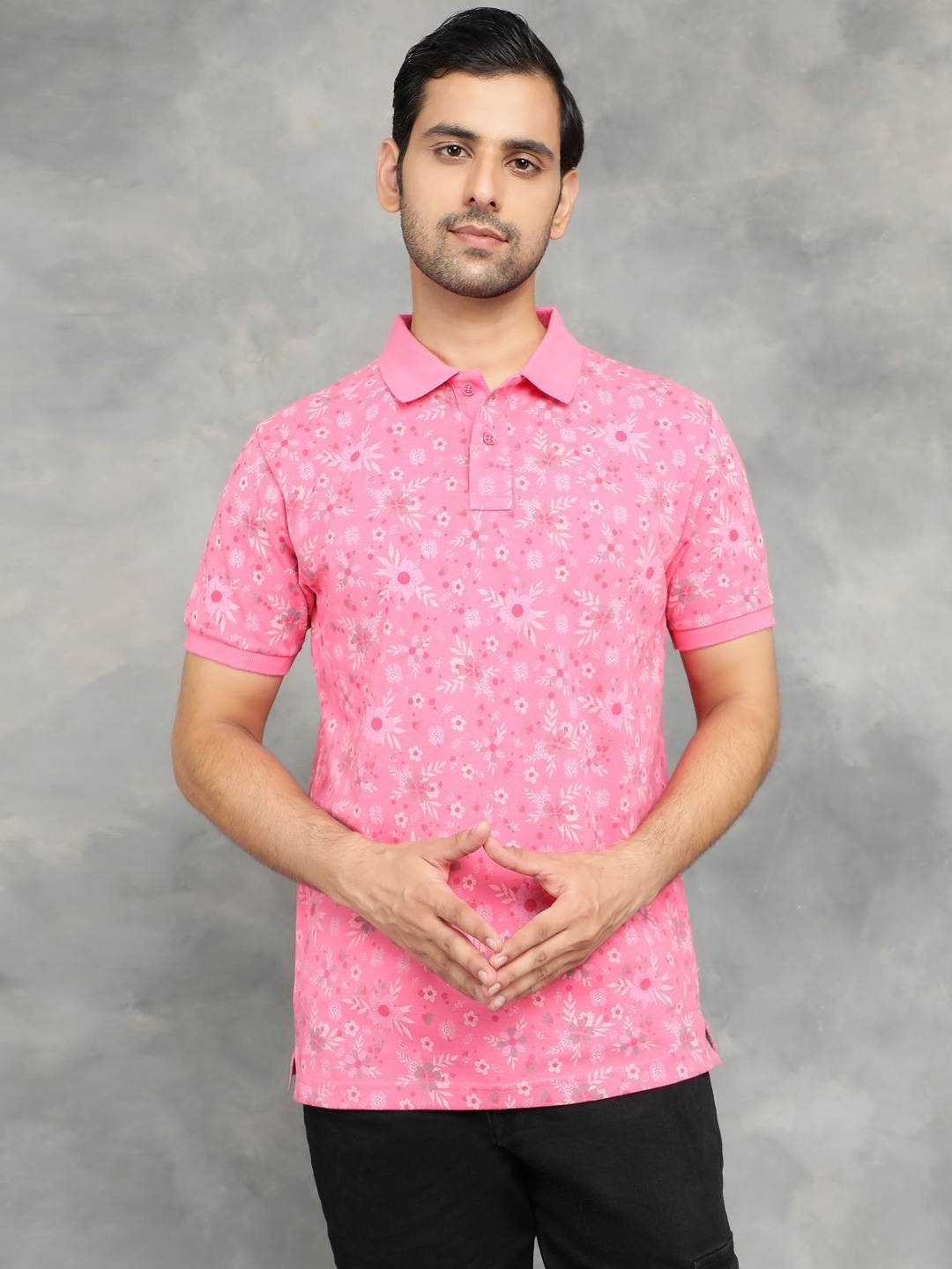 

Greenfibre Men Floral Printed Polo Collar Cotton Slim Fit T-shirt, Pink