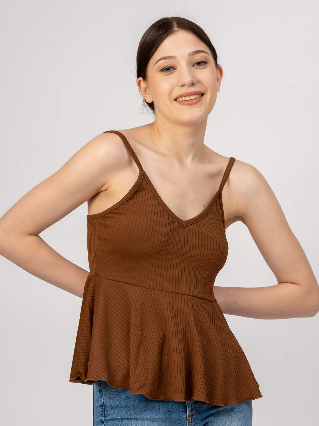 

Redamancii Women Vertical Striped Shoulder Straps Polycotton Top, Coffee brown