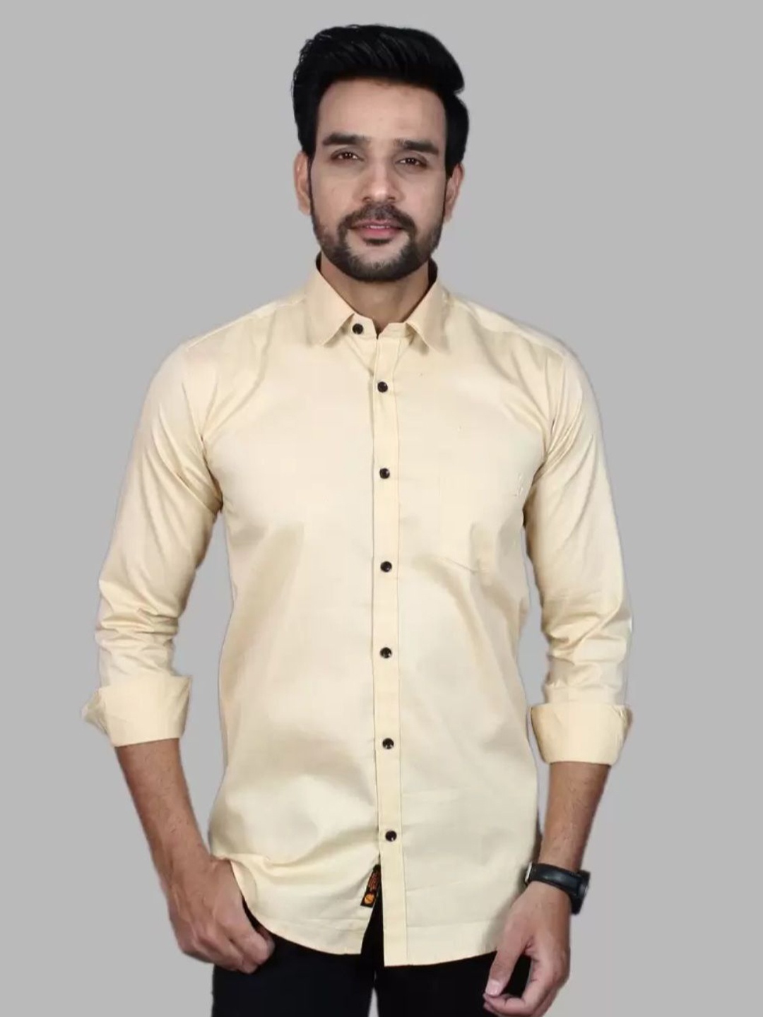 

Vcom Men Classic Spread Collar Solid Cotton Slim Fit Casual Shirt, Cream