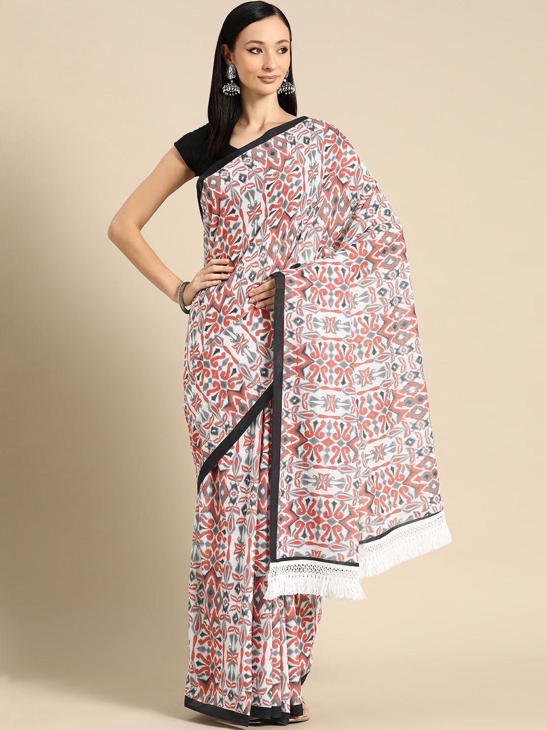 

BUTA BUTI Ethnic Motifs Printed Pure Cotton Saree, Red