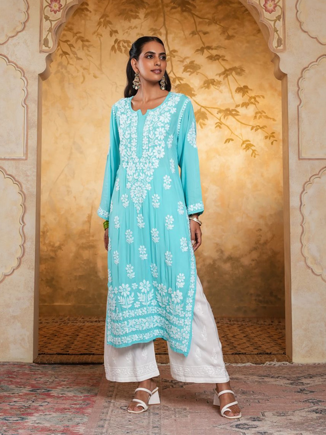 

House of Chikankari Chikankari Woven Kurta, Turquoise blue