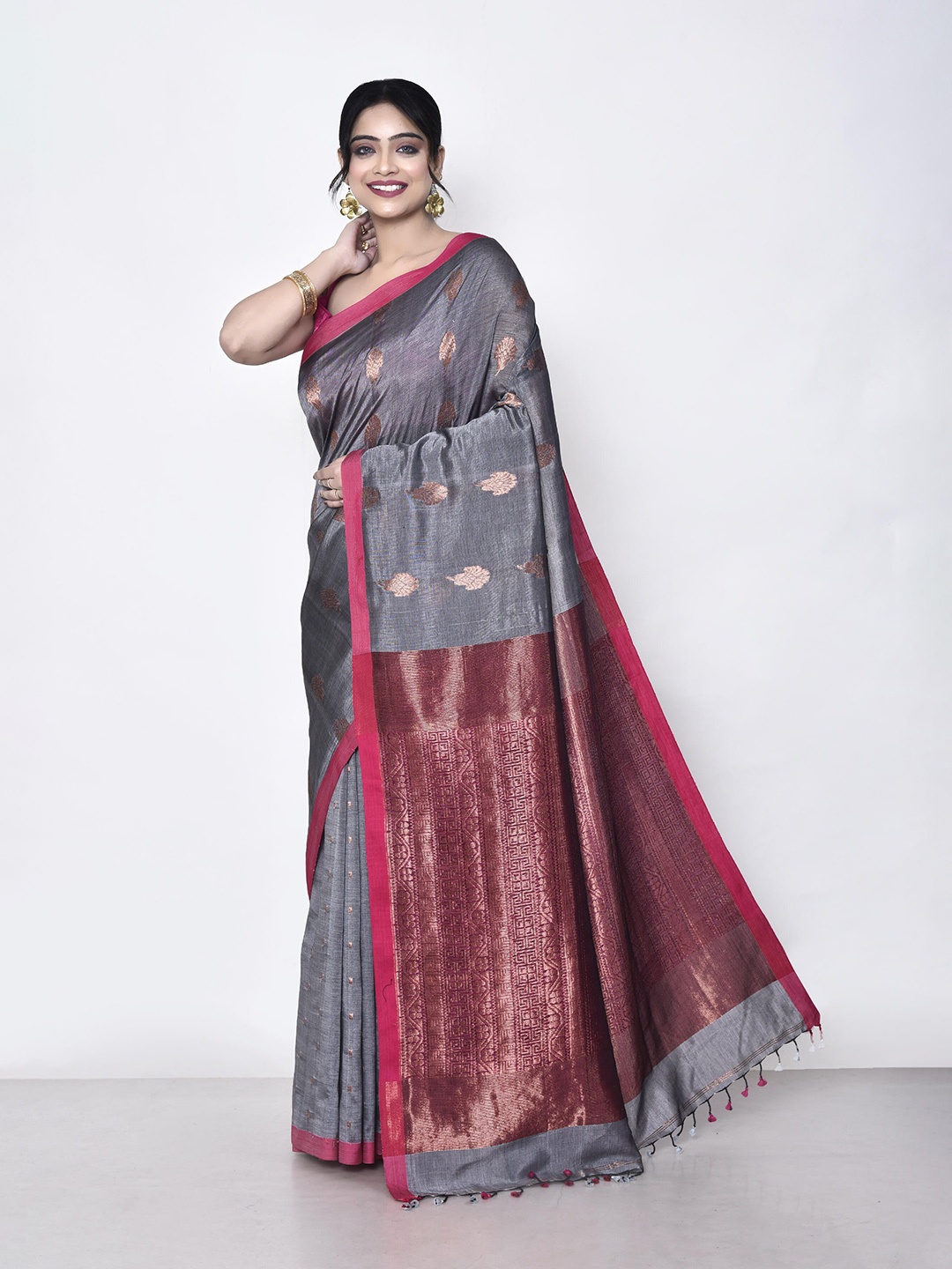 

SPRISH Ethnic Motifs Woven Design Pure Silk Chanderi Saree, Grey