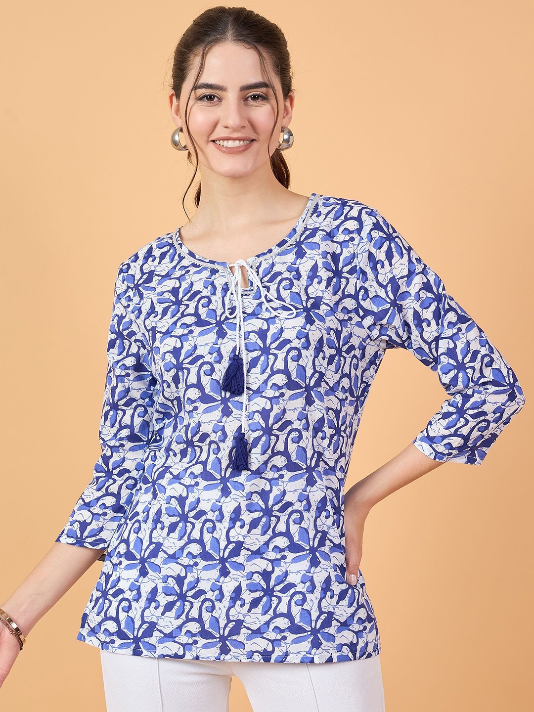 

NEESH Women Floral Printed Tie-Up Neck Cotton Top, Multi
