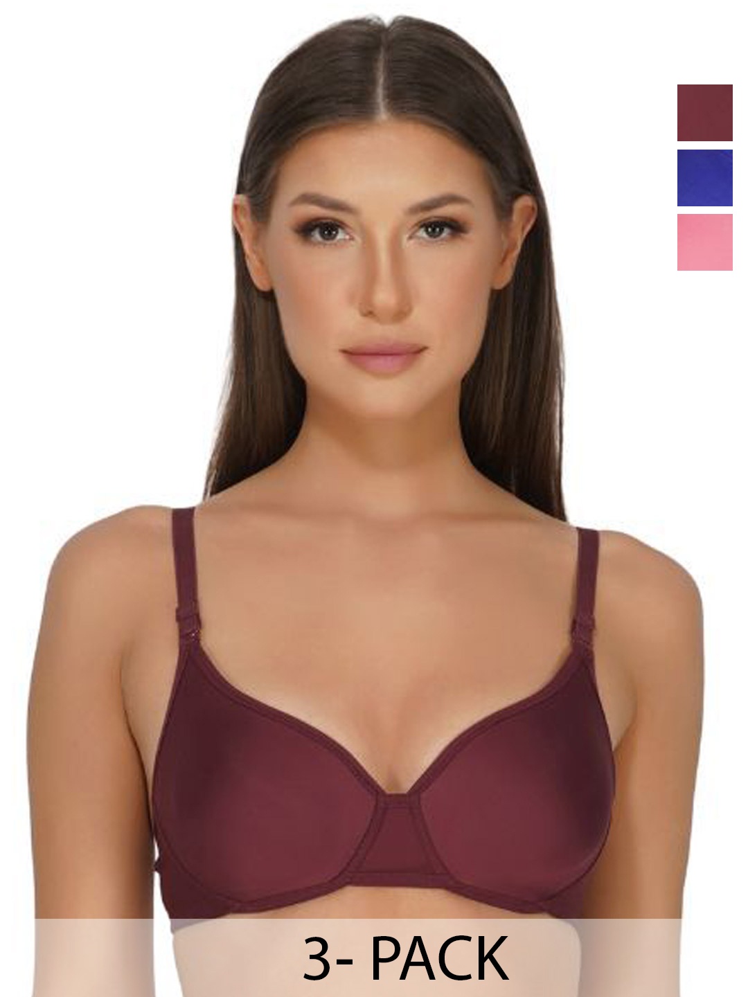 

INGRID Women 3pcs Combo Lightly Padded Cotton Everyday Non Wired Tshirt Bra, Purple