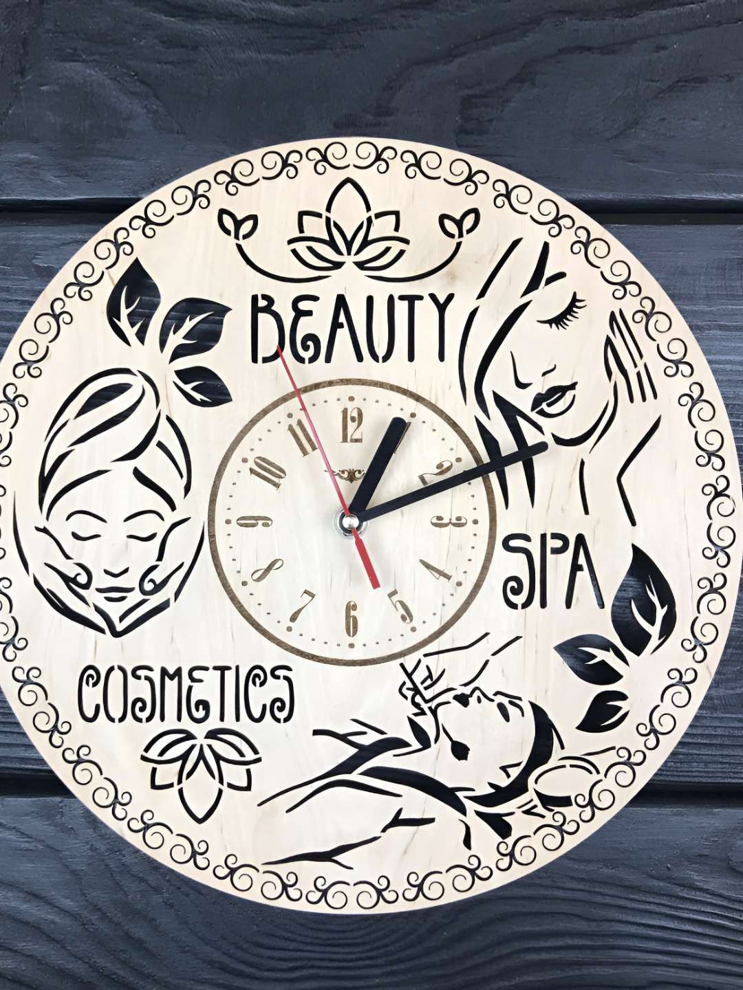 

QEZNEF Beige and Black Printed Round Shaped Wooden Analogue Contemporary Wall Clock