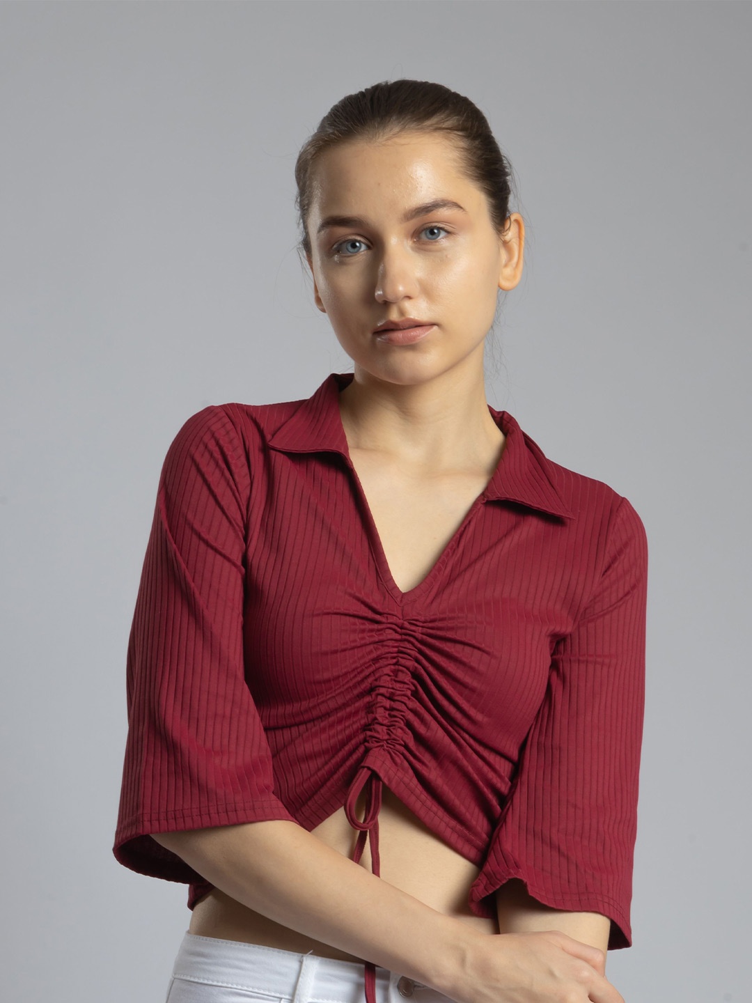 

Redamancii Women Vertical Striped Shirt Collar Top, Maroon