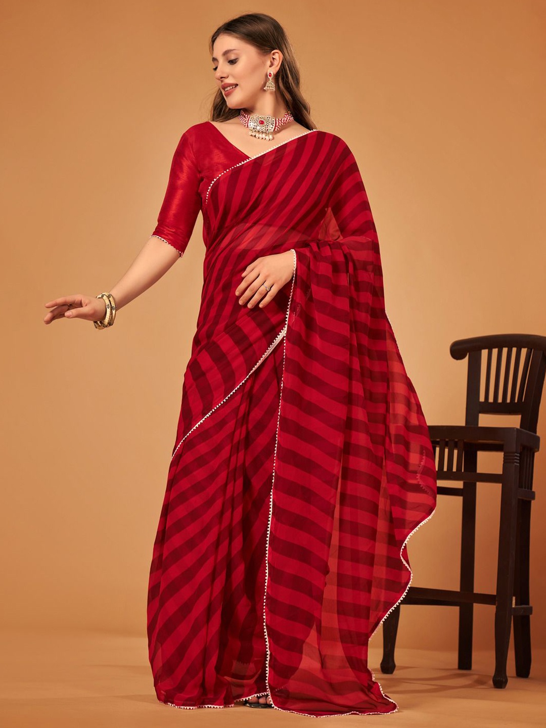 

SM TRENDZ Striped Pure Georgette Ready to Wear Saree, Red