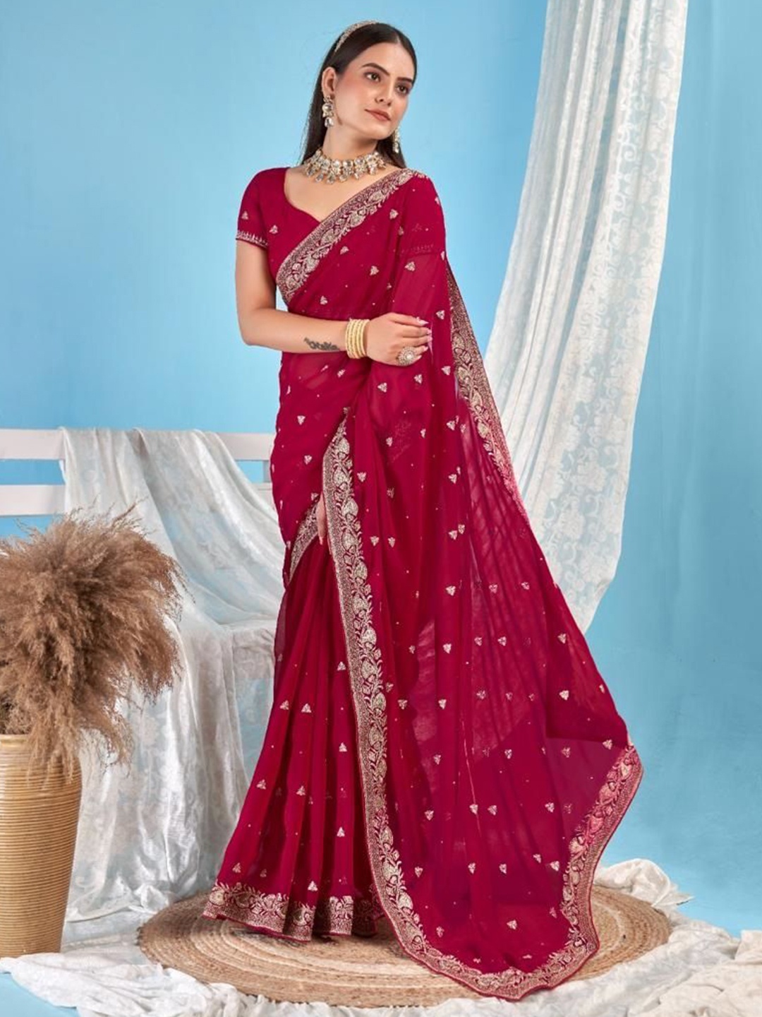 

Kalista Embellished Beads and Stones Pure Georgette Saree, Maroon
