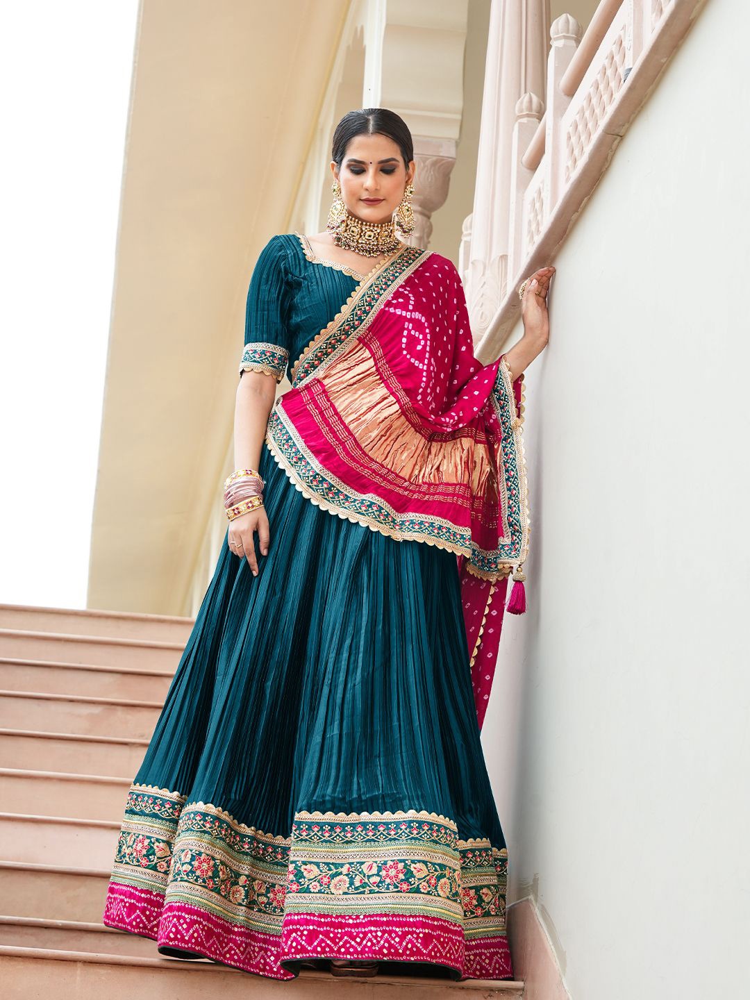 

SHRINGARINI Ready to Wear Lehenga & Unstitched Blouse With Dupatta, Turquoise blue