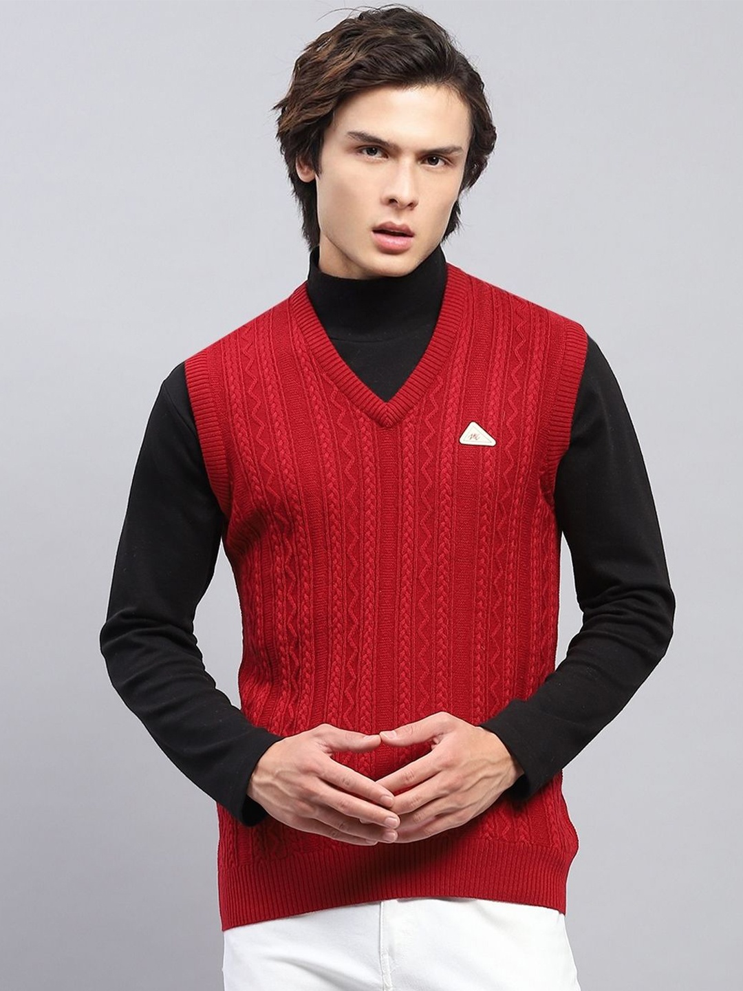 

Monte Carlo Men Self Design Cable Knit Woollen Pullover, Red