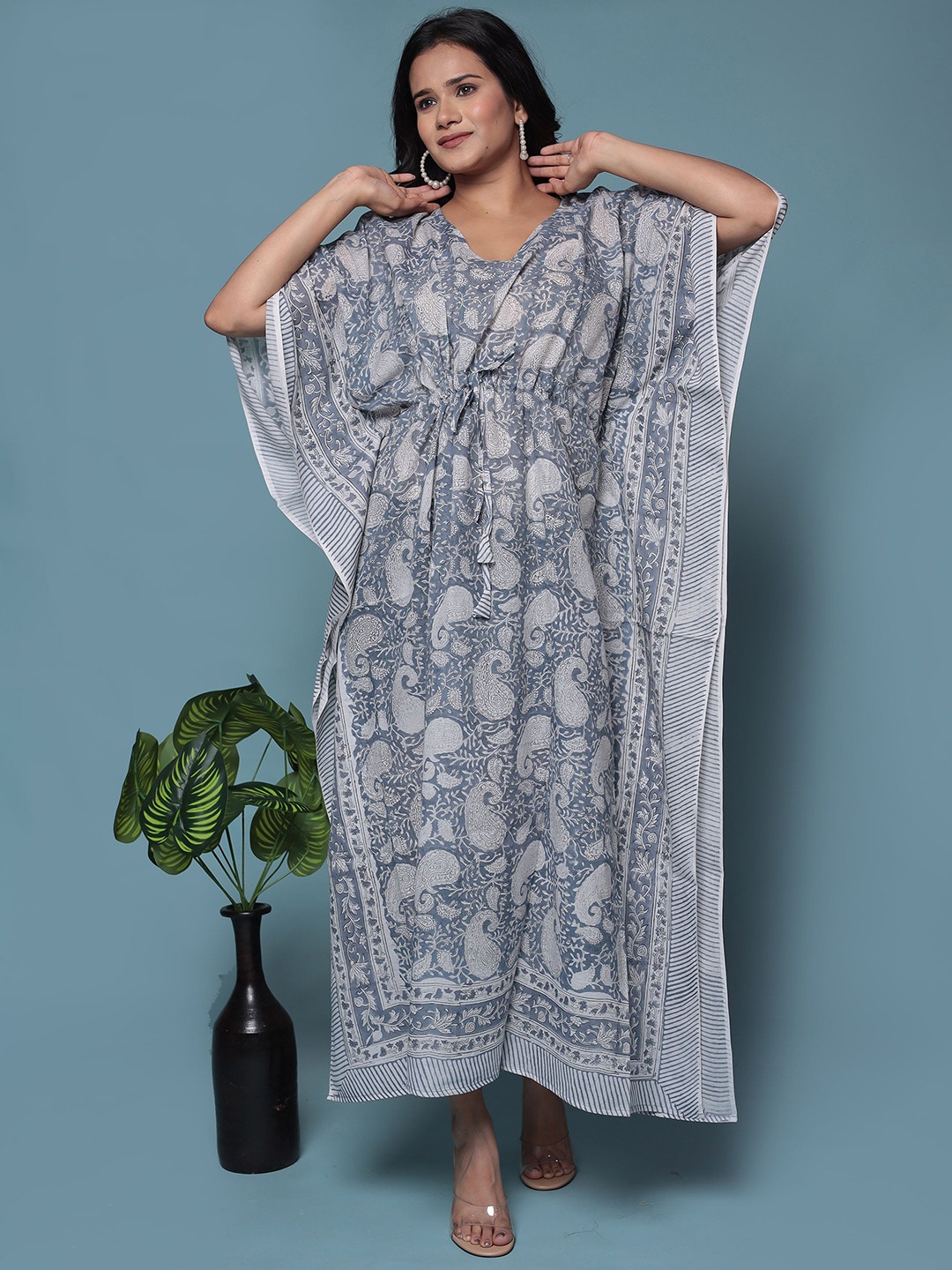 

Bohekant Women Ethnic Motifs Printed Cotton Kimono Sleeve Kaftan Maxi Dress, Grey