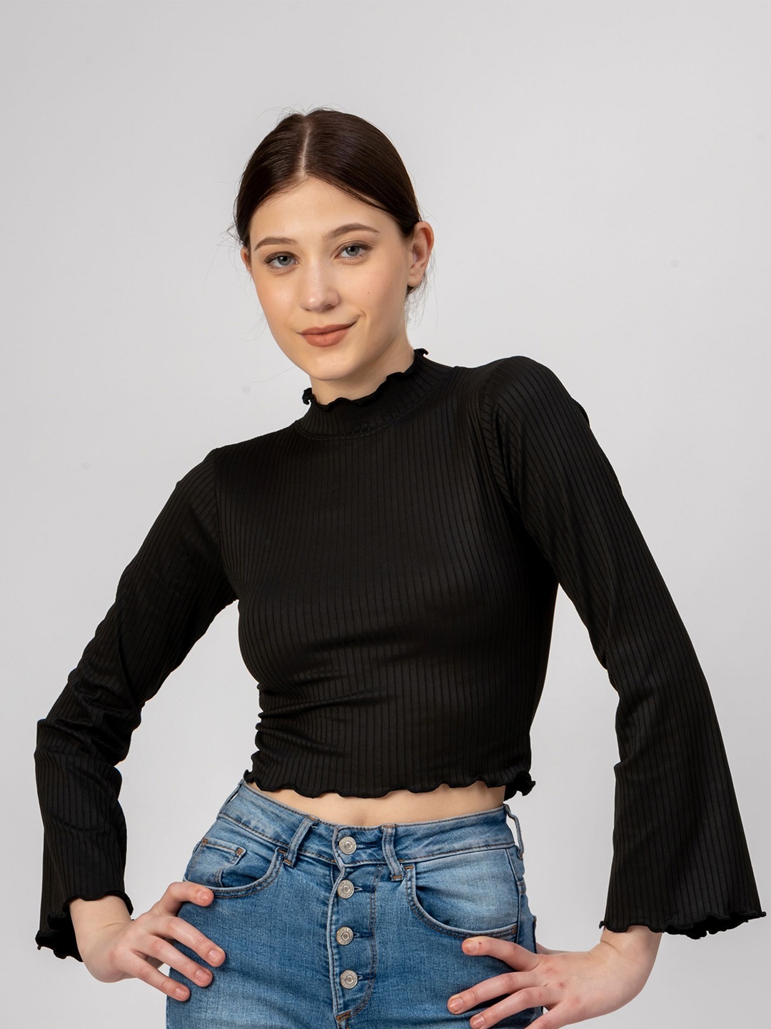 

Redamancii Women Vertical Striped High Neck Polycotton Top, Black