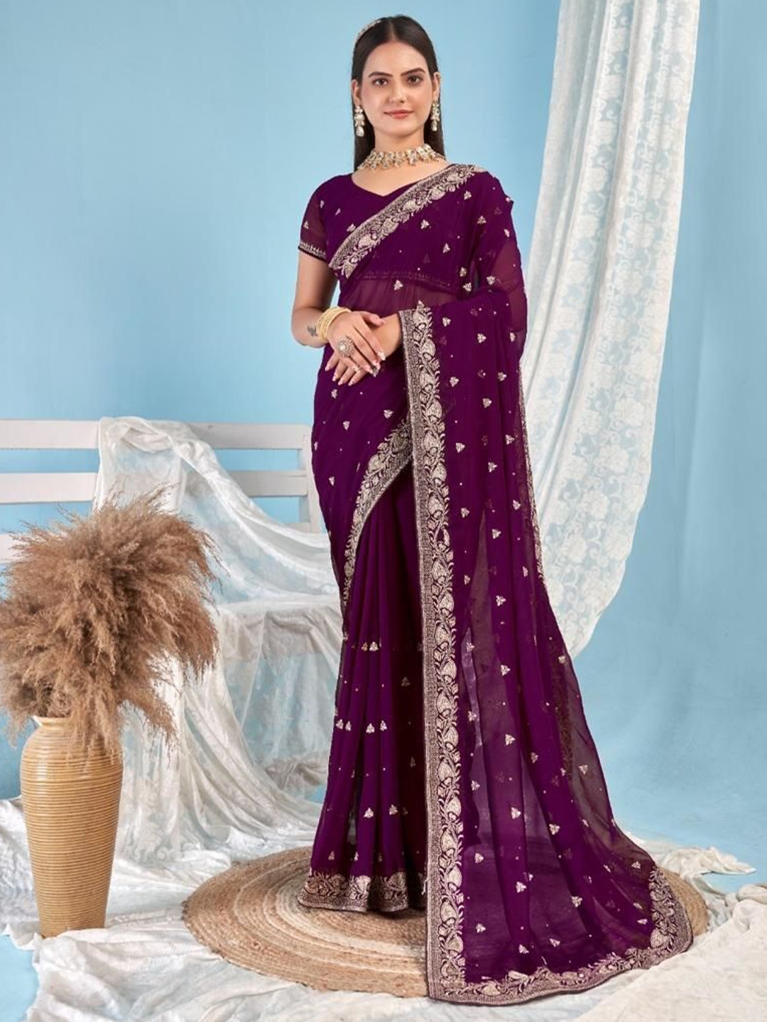 

Kalista Embellished Beads and Stones Pure Georgette Saree, Purple