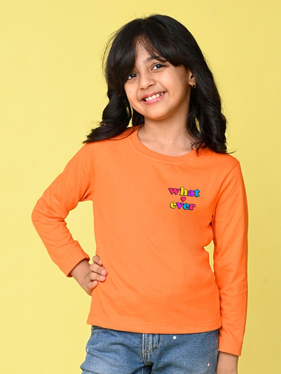 

NUSYL Girls Typography Printed Round Neck Cotton T-shirt, Orange