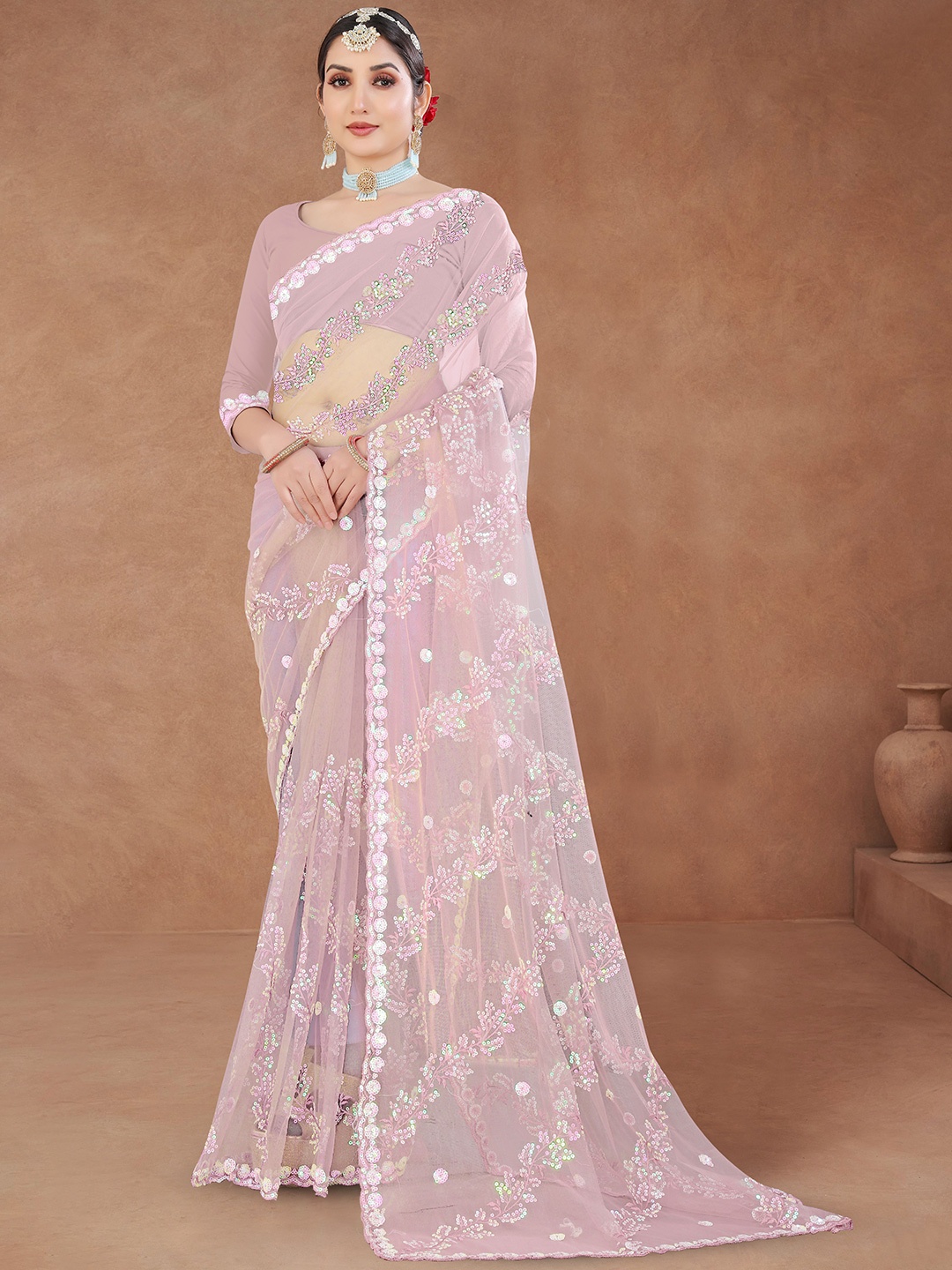 

SANJANA SILK Embellished Sequinned Maheshwari Saree, Pink