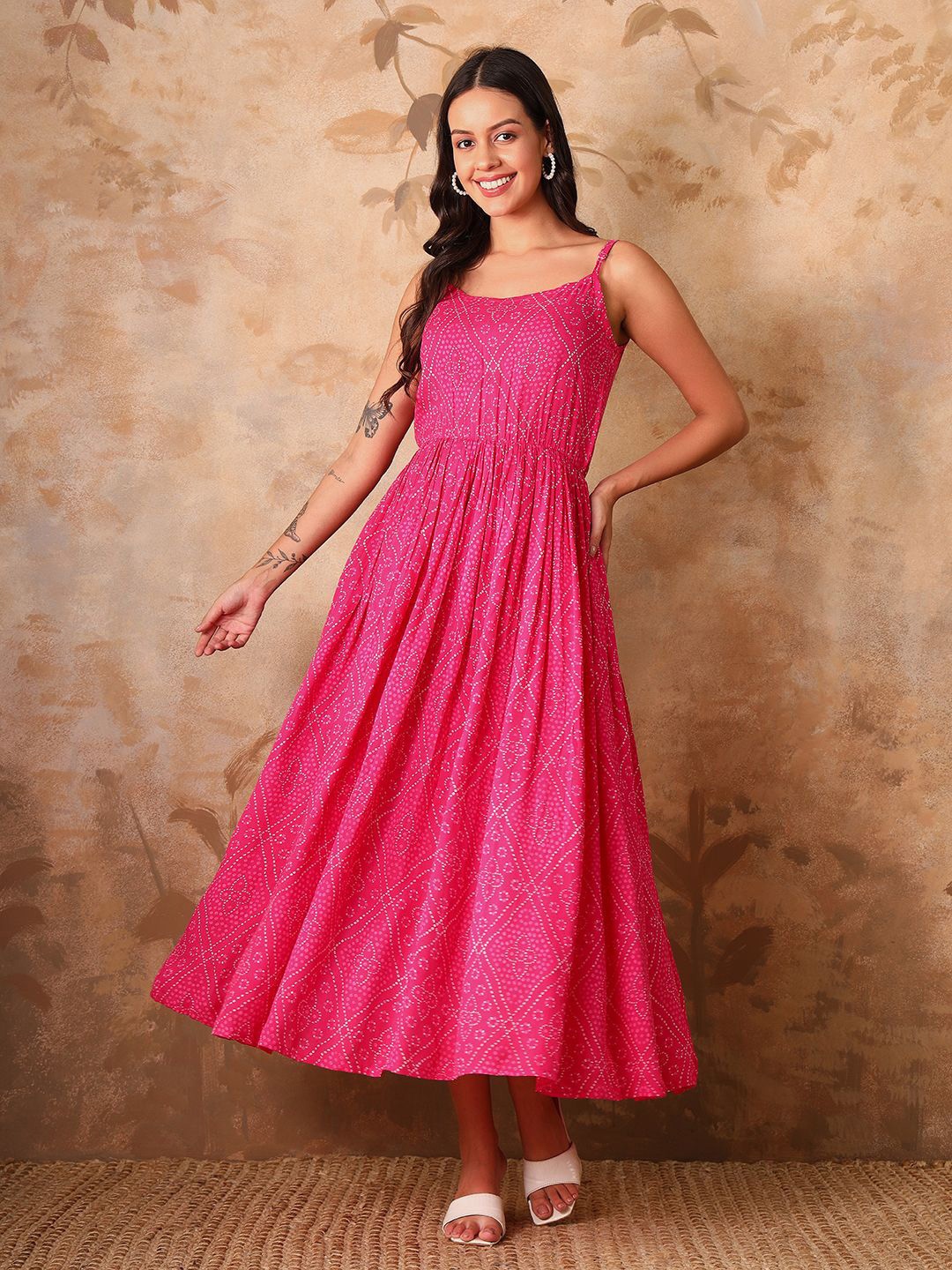 

Gujari Floral Print A-Line Midi Dress, Pink