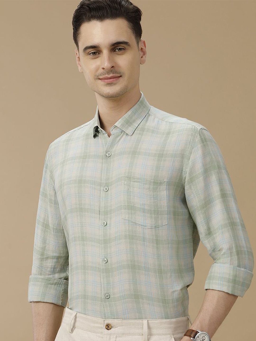 

Linen Club Men Contemporary Slim Fit Checked Casual Shirt, Green