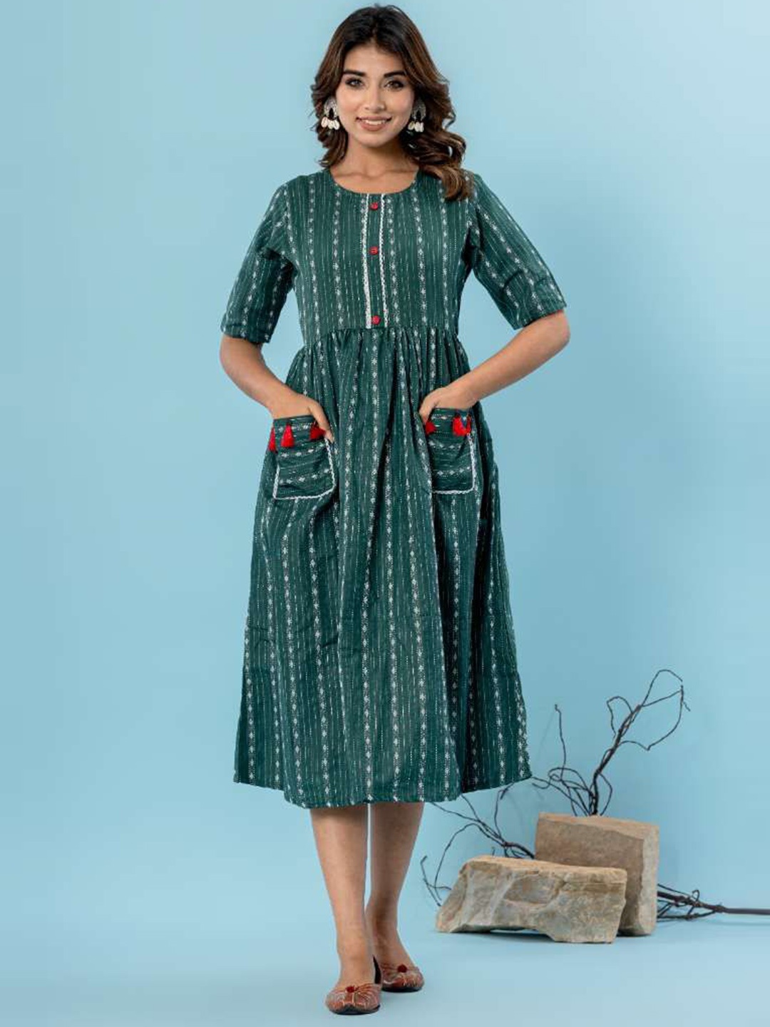 

DIZON Printed Pure Cotton Ethnic Dress, Green
