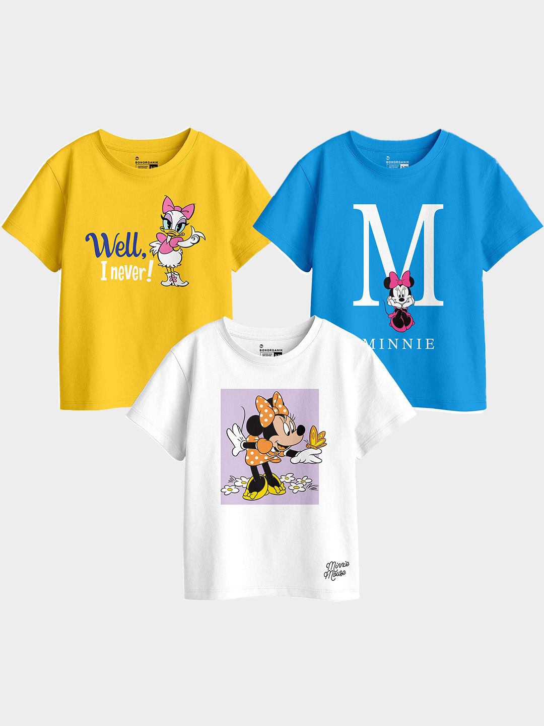 

BonOrganik Pack Of 3 Girls Graphic Printed Round Neck Cotton T-shirts, Yellow