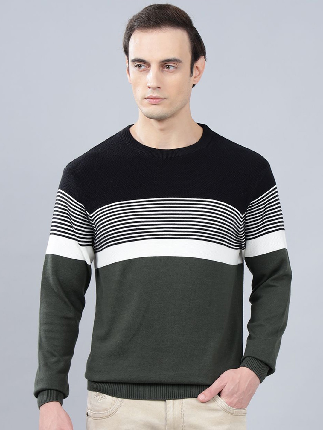 

Cantabil Men Cotton Striped Full Sleeve Pullover Sweaters, Olive