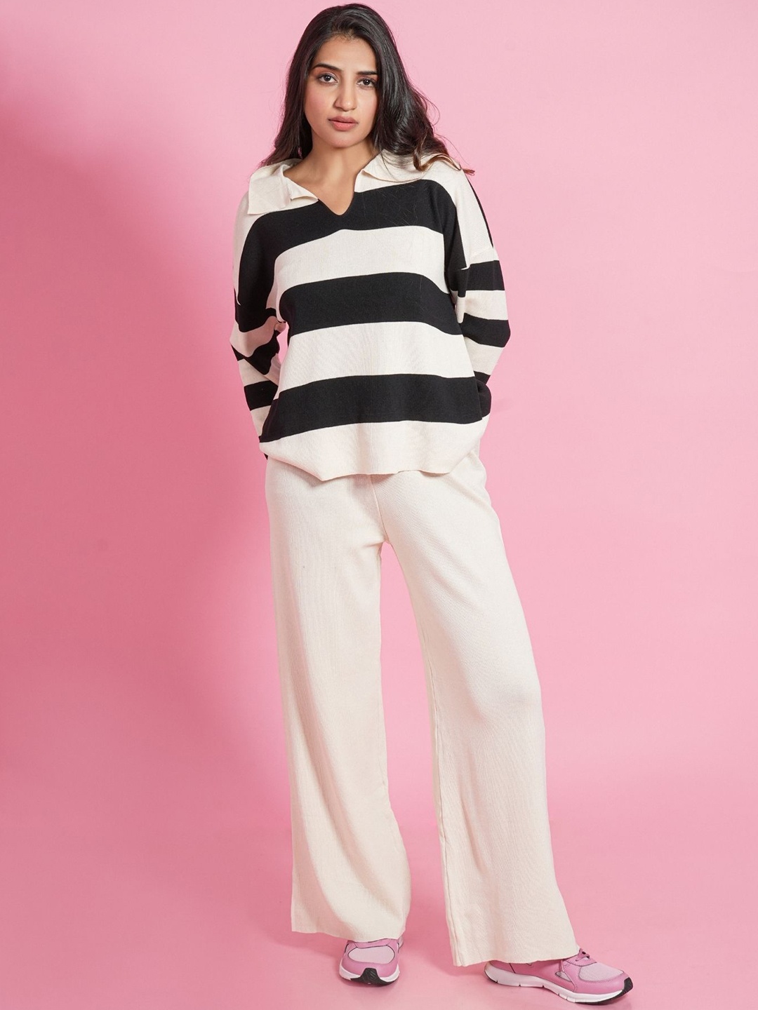 

ANSEE by Addery Striped T-shirt with Trousers, Off white