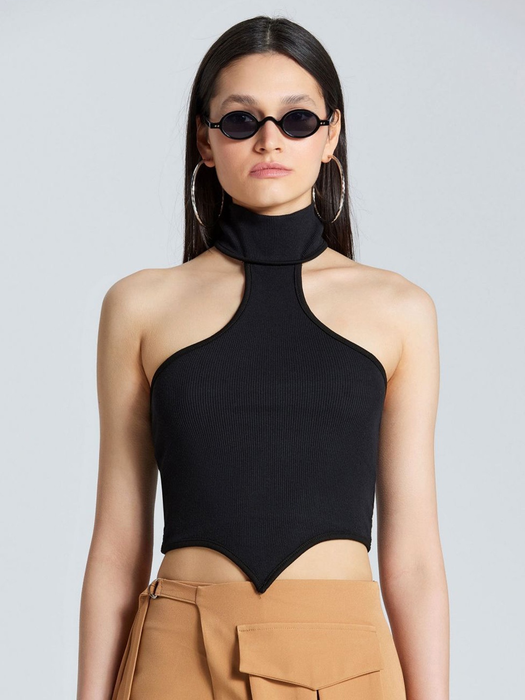 

ZOMODA Women Solid Choker Neck Cotton Top, Black