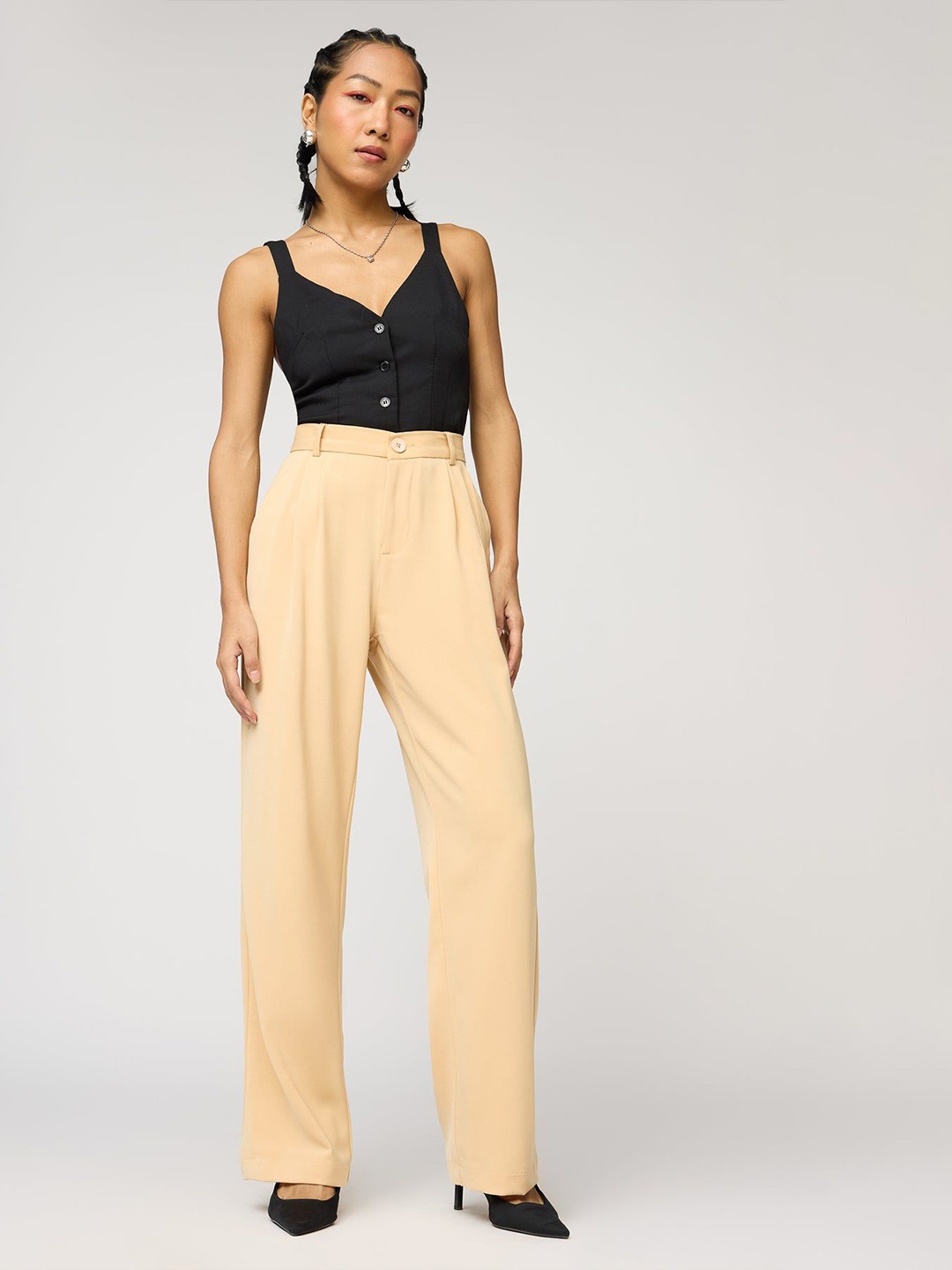 

FREAKINS Women Pleated Straight Korean Pant, Beige