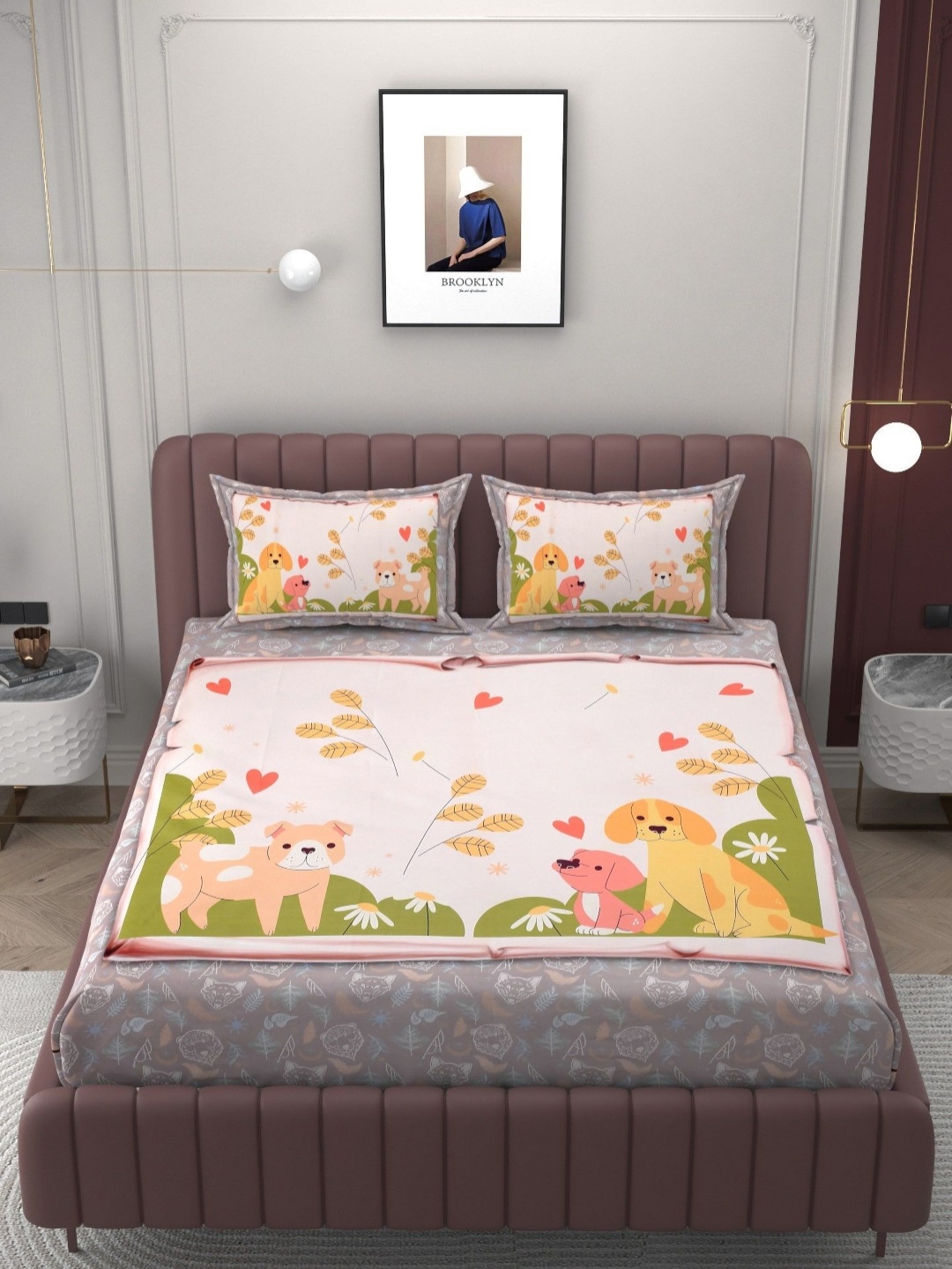 

BELVOSTUM Orange Cartoon Characters Cotton 250 TC King Bedsheet with 2 Pillow Covers