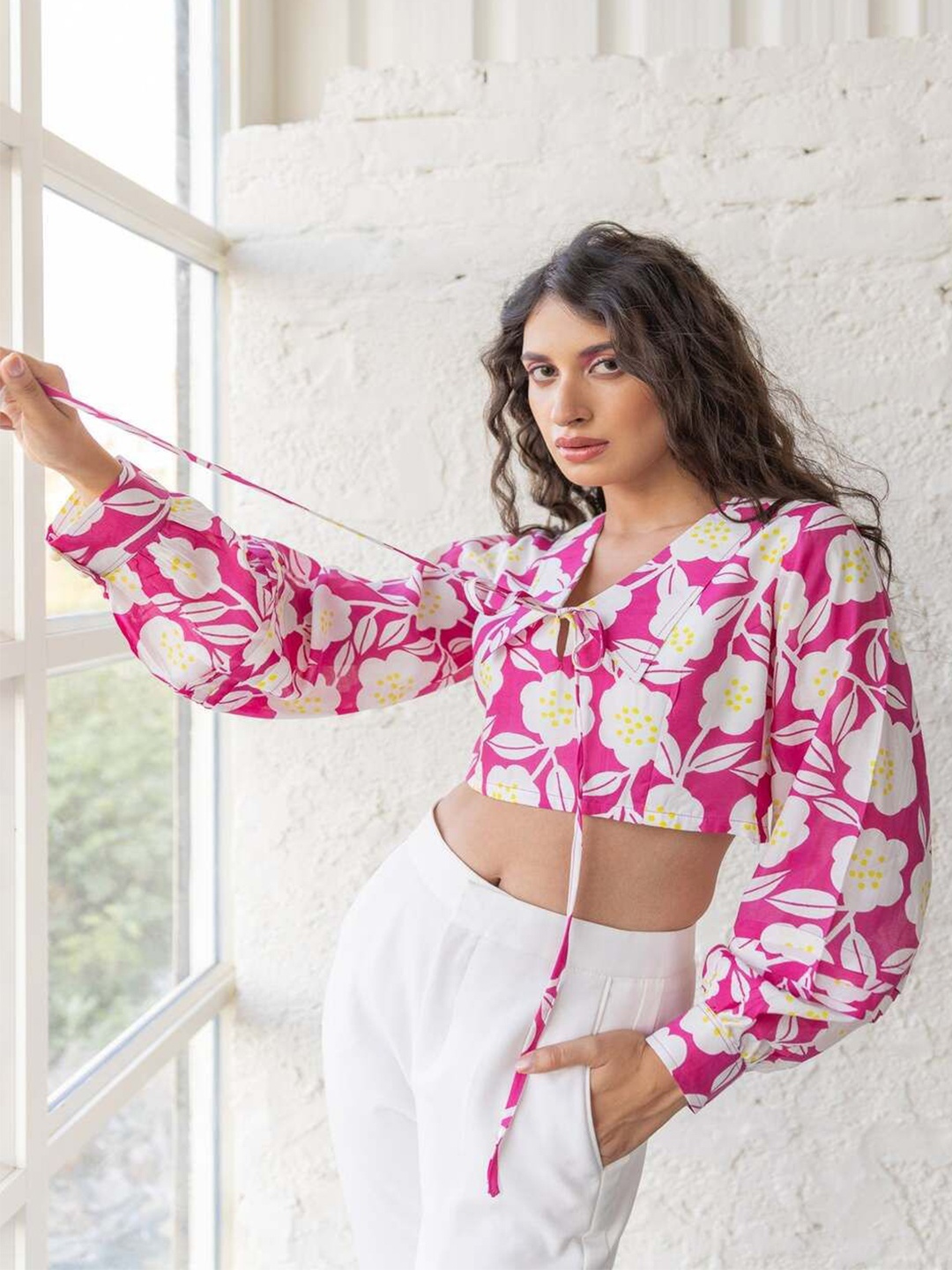 

Fancy Pastels Women Floral Print Cotton Shirt Style Crop Top, Pink