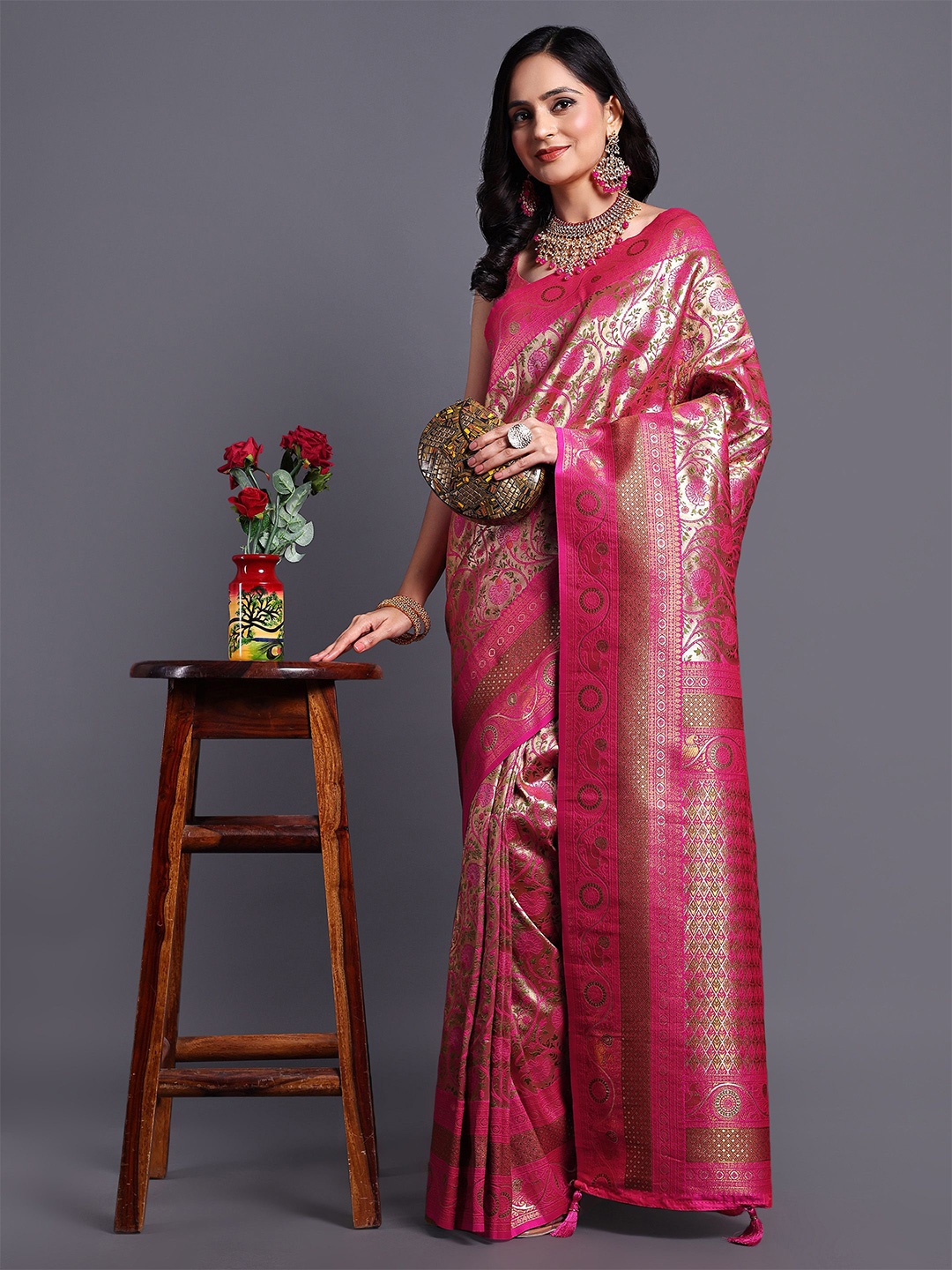 

SWAMI STUDIO Ethnic Motifs Zari Pure Cotton Kanjeevaram Saree, Pink