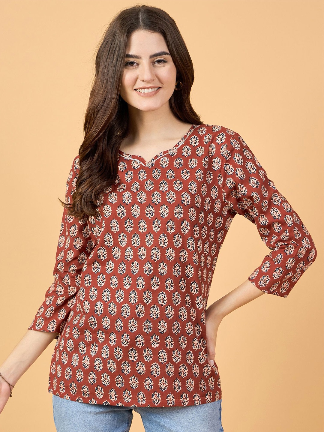 

NEESH Women Floral Printed Round Neck Cotton Top, Maroon