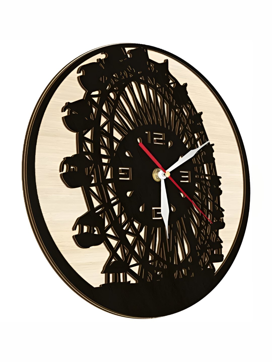 

QEZNEF Beige & Black Giant Wheel Printed Contemporary Round Shaped Wooden Wall Clock